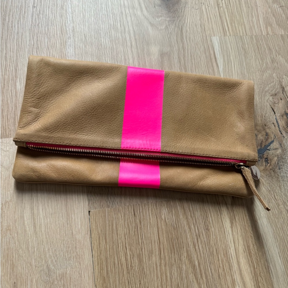 Clare V Tan Leather Clutch with Pink Stripe